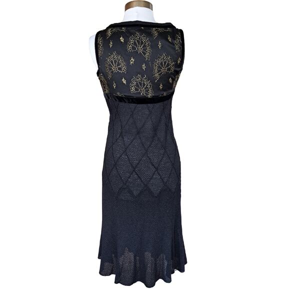 NEW ST. JOHN Evening Black Knit Cocktail Dress Gold Lace V-neck Sz 2 $1495 - Picture 3 of 12